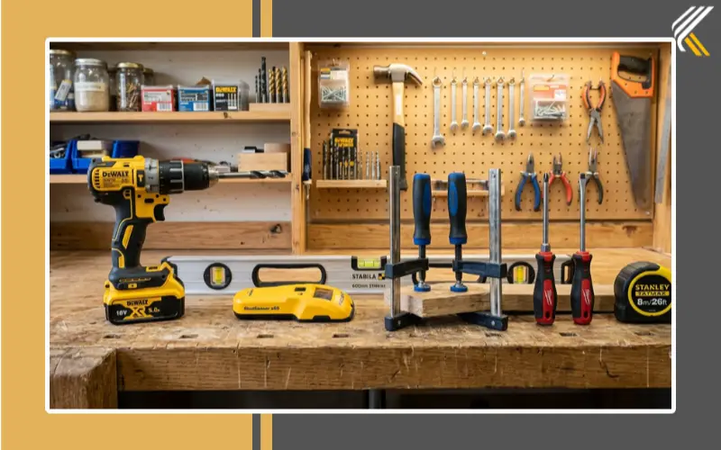 Essential DIY kitchen installation tools on workbench
