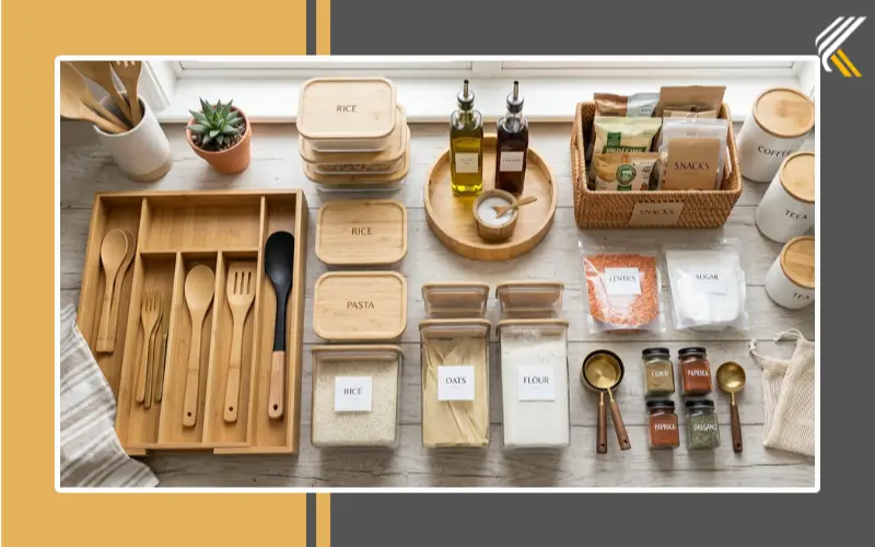 Kitchen organization essentials including pantry labels and drawer organizers