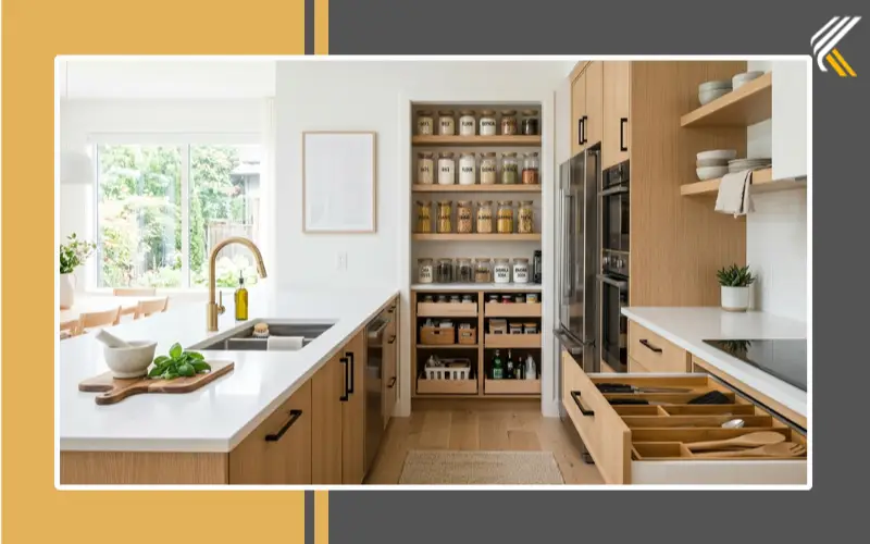 Maintaining an organized kitchen with labeled pantry and clean countertops