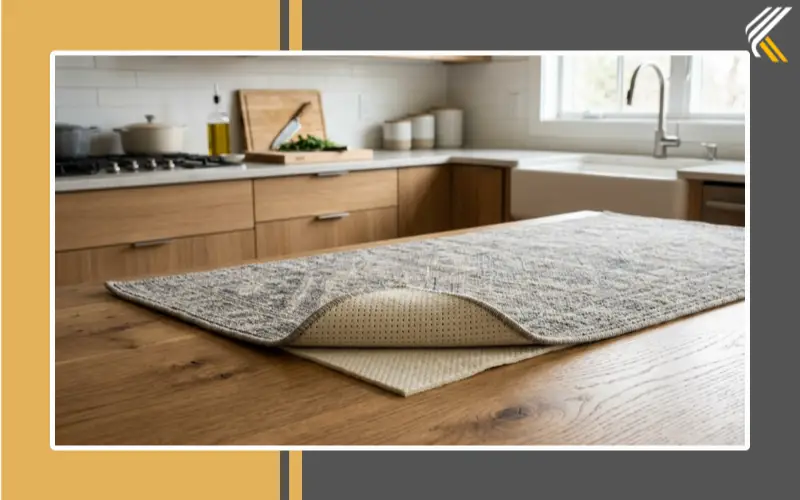 Kitchen rug with rug pad on hardwood flooring