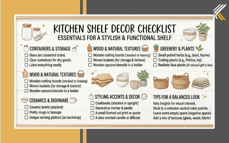 Essential kitchen shelf decor checklist graphic