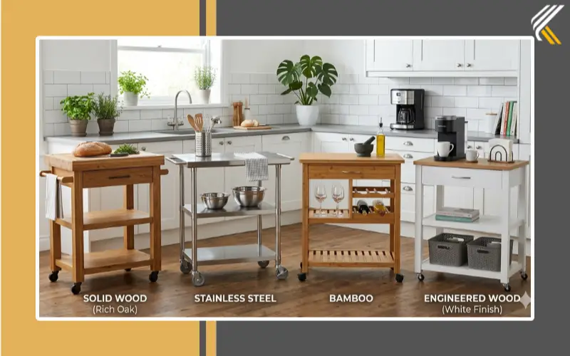 Different kitchen trolley materials including wood steel and bamboo
