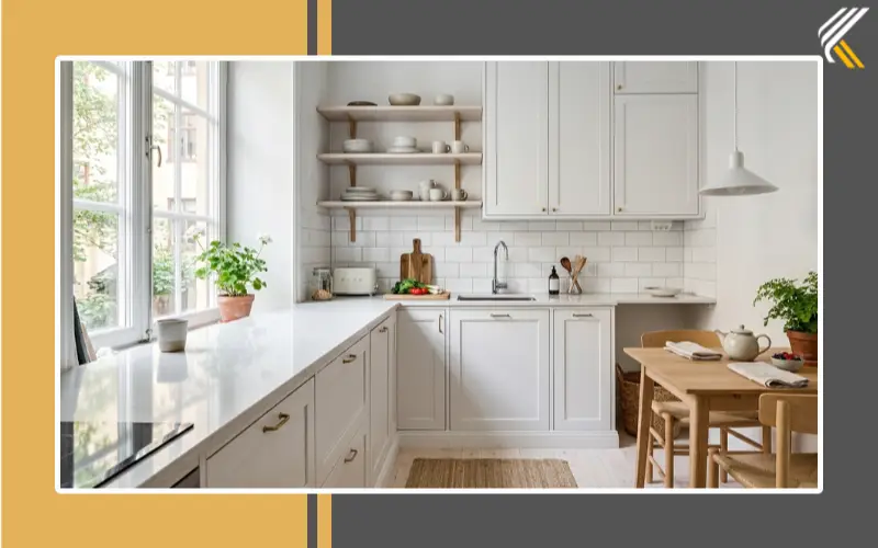 Light-colored furniture in a compact kitchen