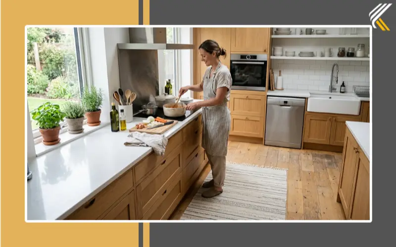 Low-pile kitchen rug in busy cooking area