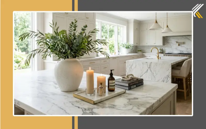 Luxury kitchen countertop decor with marble accents and oversized vase