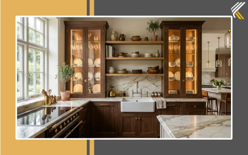 Luxury kitchen with glass-front crockery cabinets and open shelves