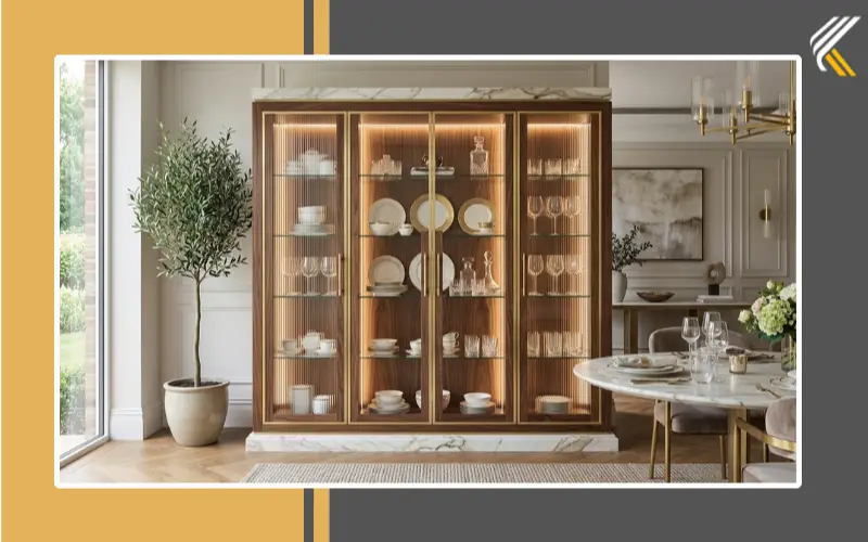 Luxury modern crockery cabinet with glass and LED lighting