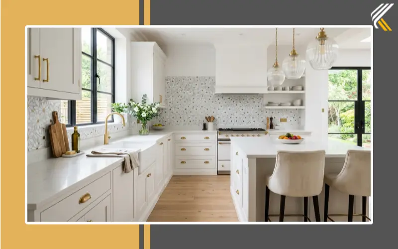 Luxury marble daisy mosaic backsplash in modern kitchen