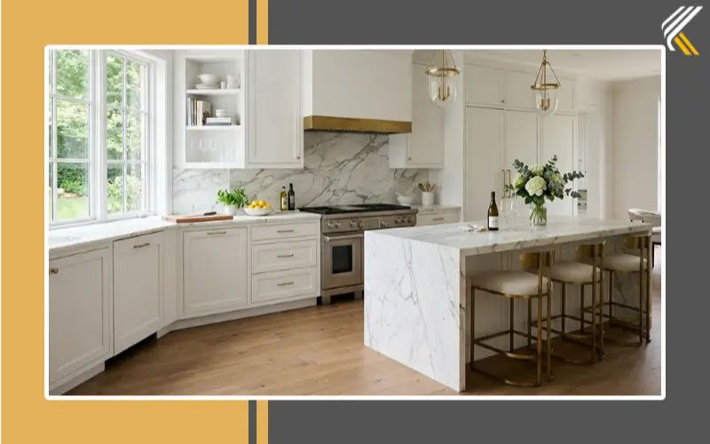 Luxury marble slab backsplash with white cabinets