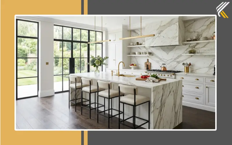 Luxury marble slab backsplash with white cabinets