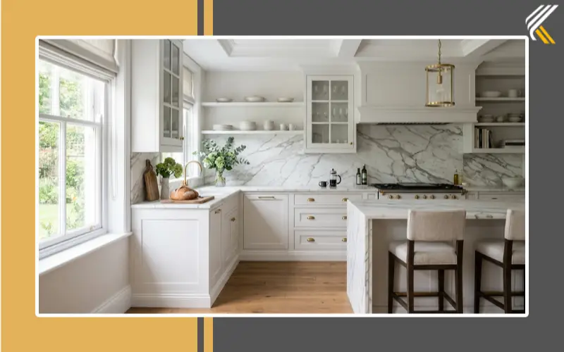 -White kitchen with marble stone backsplash and gray veining