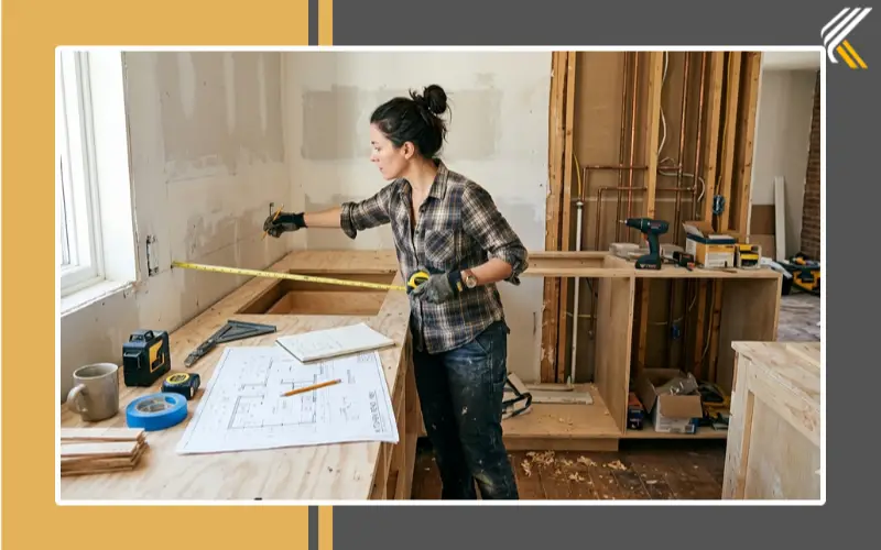 Homeowner measuring kitchen walls before cabinet installation