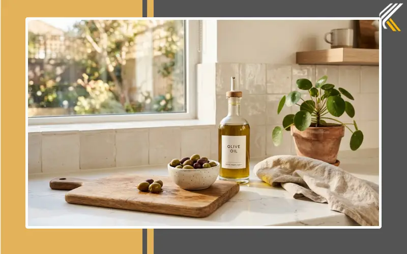 Minimalist kitchen countertop styling with wooden tray and ceramic decor