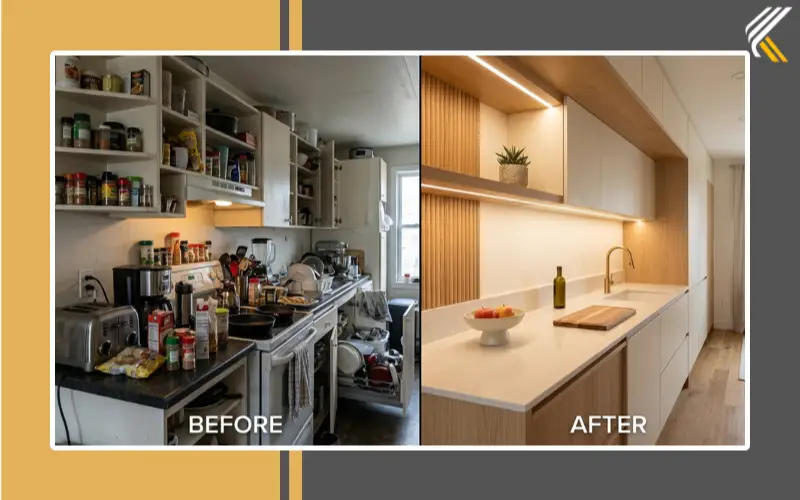 Before and after minimalist kitchen transformation with organized styling
