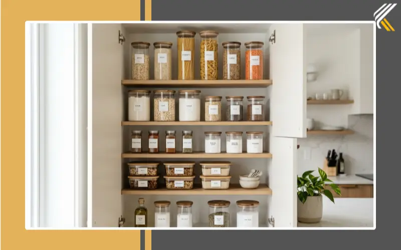 Minimalist kitchen cabinet organization with clean storage containers
