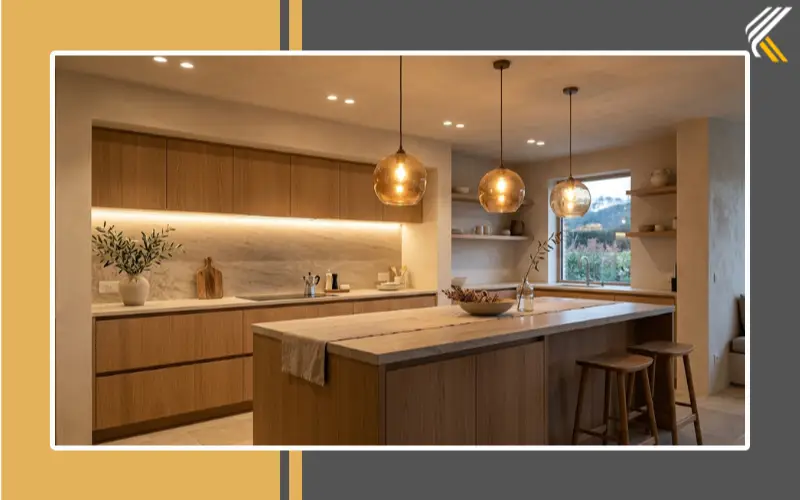 Minimalist kitchen lighting with pendant lights and warm LED glow