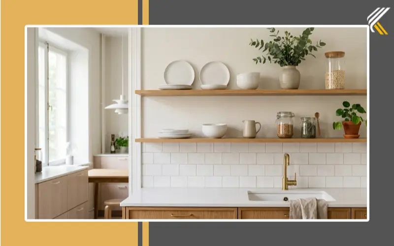Minimalist kitchen shelf decor with neutral styling
