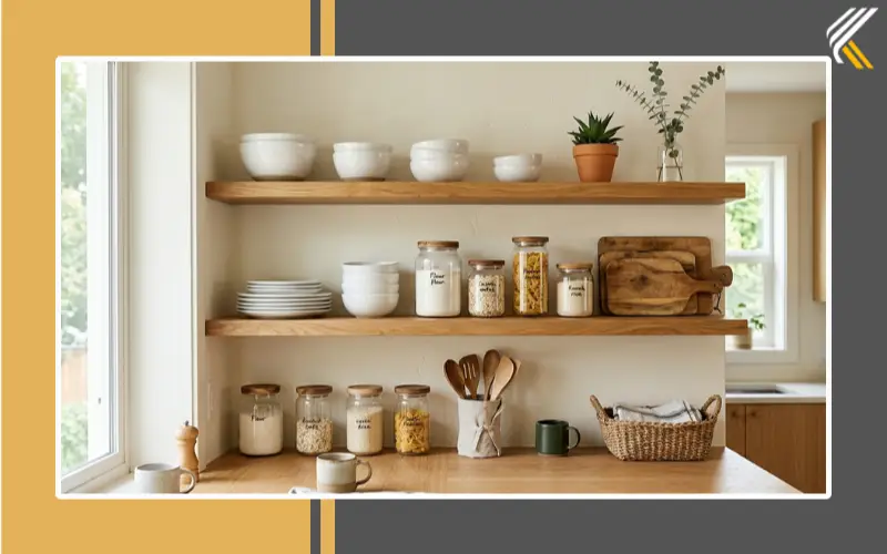 Minimalist open kitchen shelves with neutral dishware and natural decor