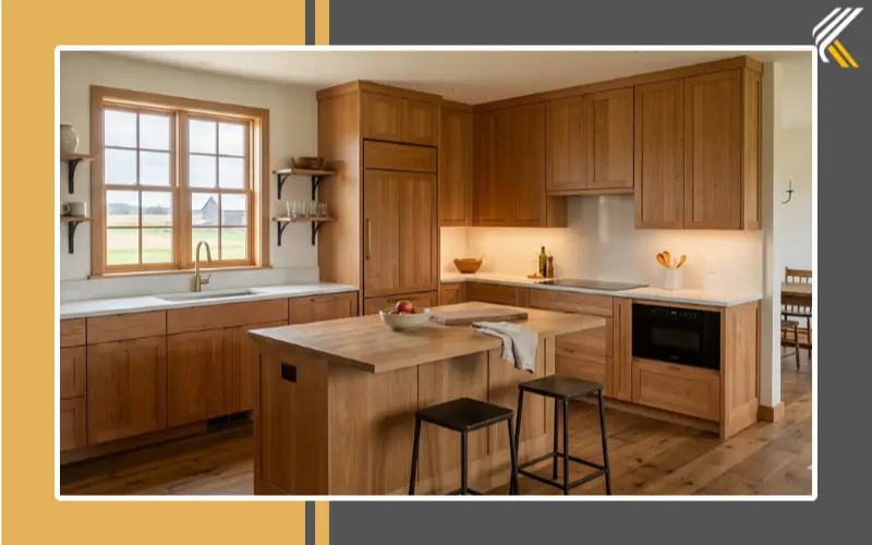 modern Amish kitchen with hidden appliances and wood cabinets