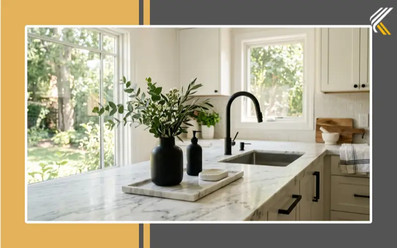 Modern kitchen countertop decor with marble tray black accents and greenery