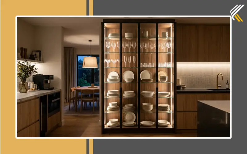Modern crockery cabinet with glass display shelves and LED lighting
