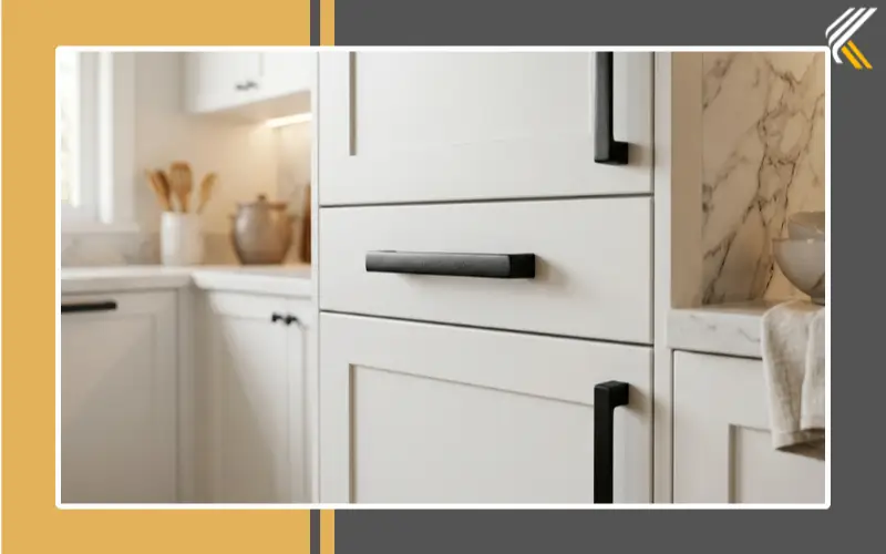 Modern matte black cabinet handles on updated kitchen cupboards