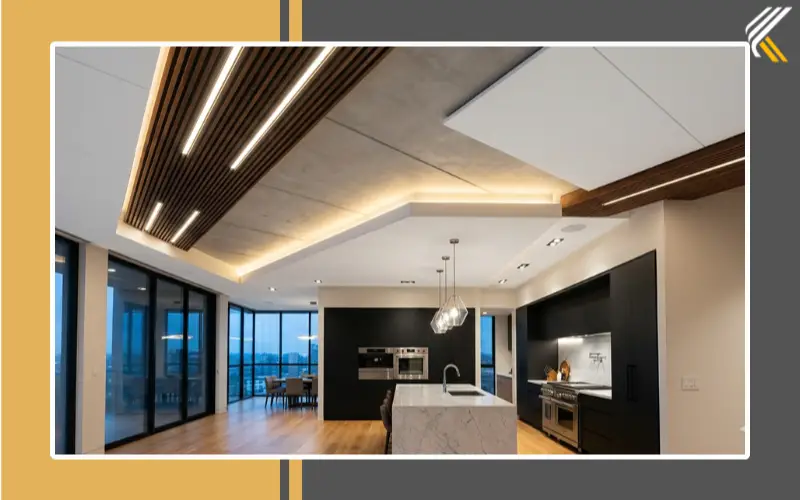 modern kitchen ceiling trends with LED lighting and mixed materials