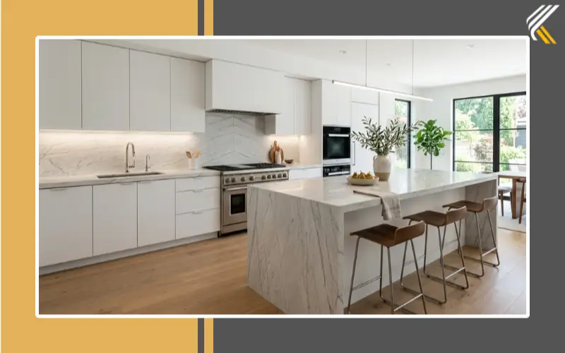 Modern white kitchen with quartzite stone backsplash