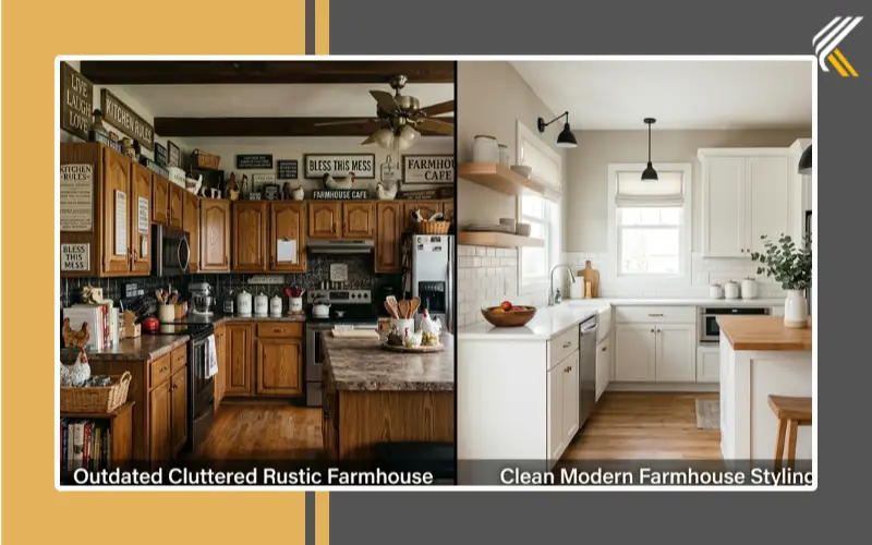 Modern farmhouse kitchen compared to outdated rustic decor