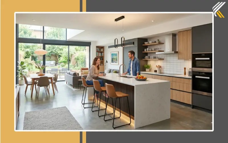 modular kitchen with island counter and seating area modern design