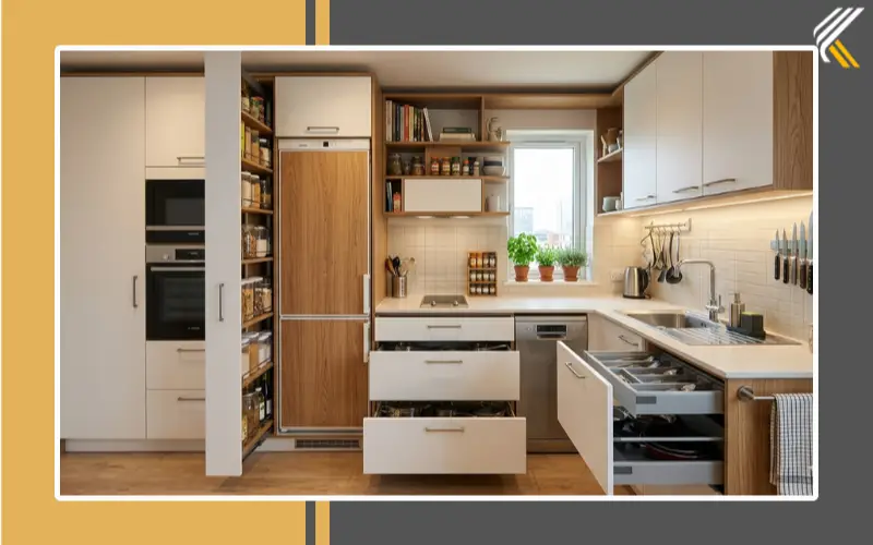 space saving modular kitchen with vertical storage and pull out drawers