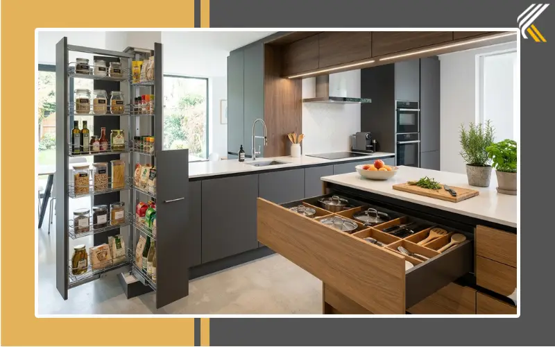 modular kitchen storage solutions with tall cabinets and pull out pantry