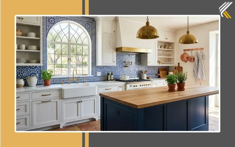 Moroccan patterned decorative backsplash tile in kitchen