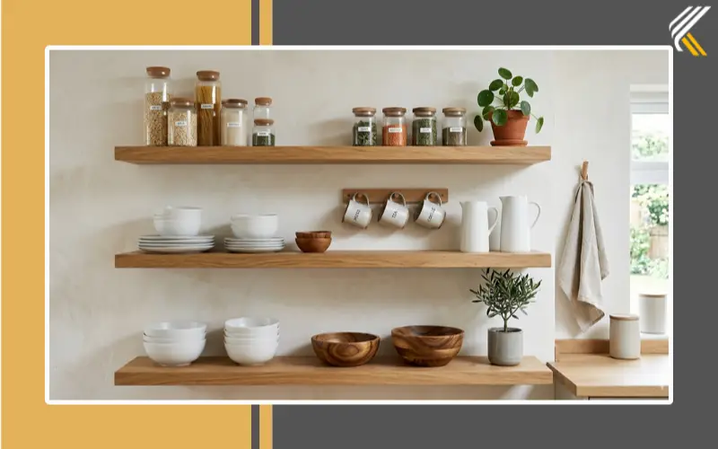 Styled open crockery shelves with modern kitchen decor