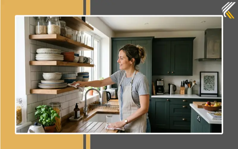 Cleaning open crockery shelves in a modern kitchen