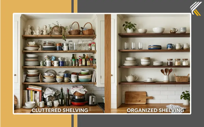 Overcrowded open crockery shelves in a kitchen