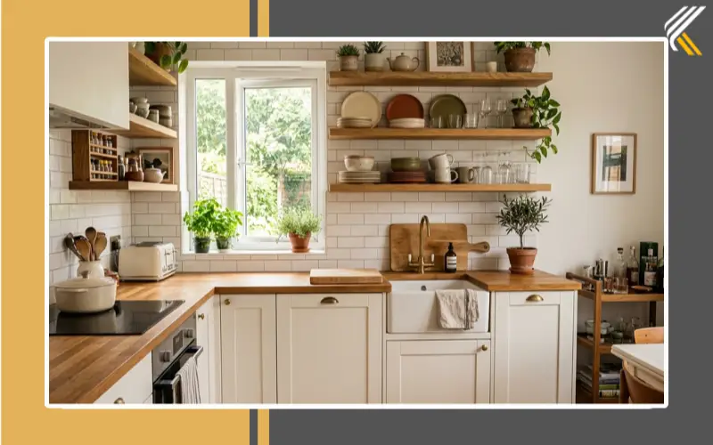 Modern kitchen with open shelving and updated cupboards