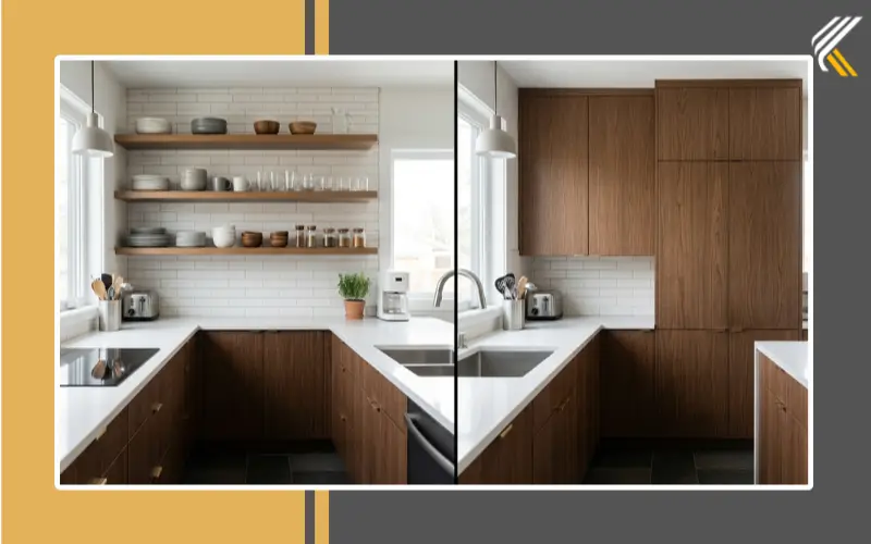 Comparison of open shelving and closed crockery cabinets in modern kitchens
