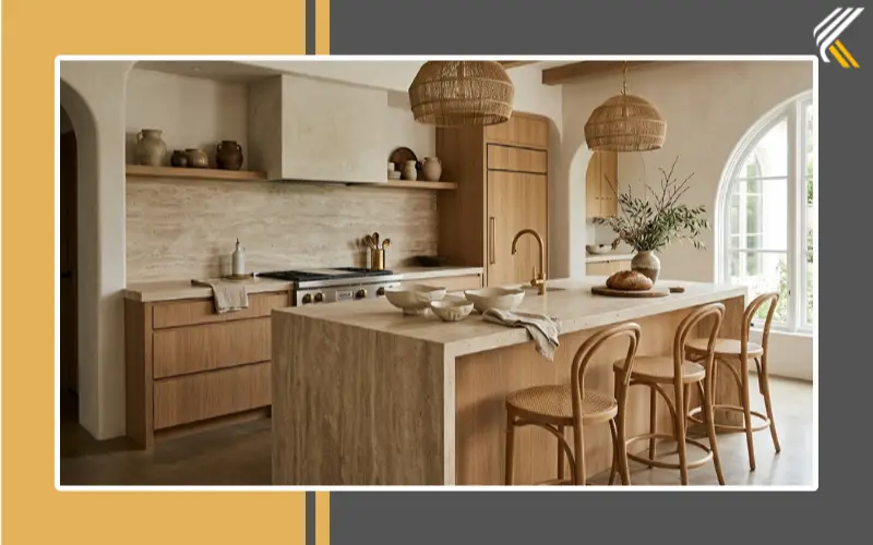 Organic modern minimalist kitchen with stone and wood textures
