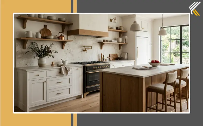 Organic modern white kitchen with limestone backsplash
