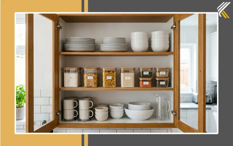 Organized kitchen cabinet with proper airflow and spacing between dishes