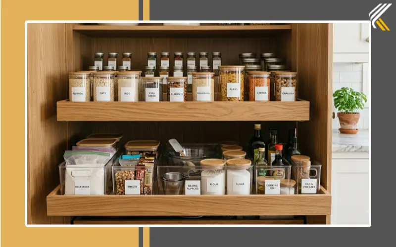 Organized kitchen pull out shelves with labeled storage bins