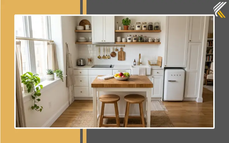 Organized small kitchen with multifunctional furniture