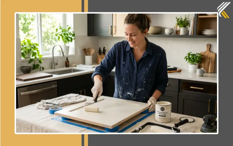 Painting kitchen cupboards during a cabinet facelift project