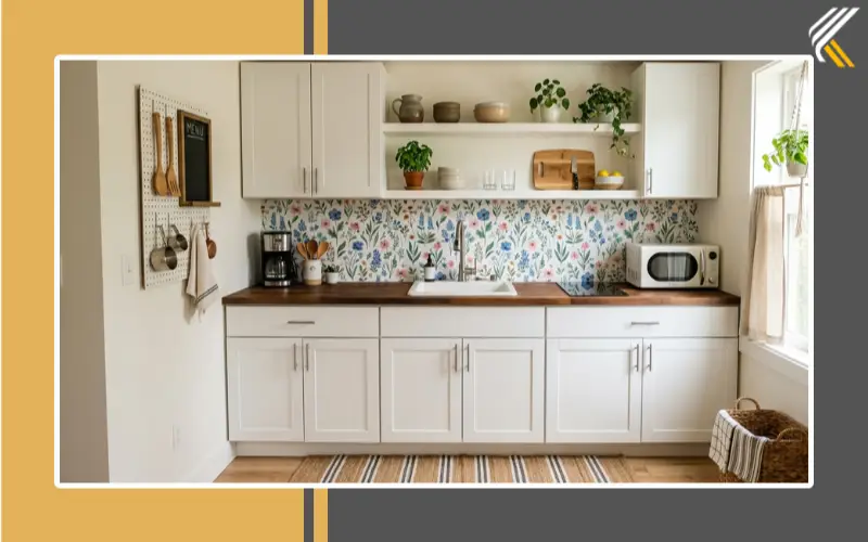 DIY peel and stick floral backsplash in small kitchen