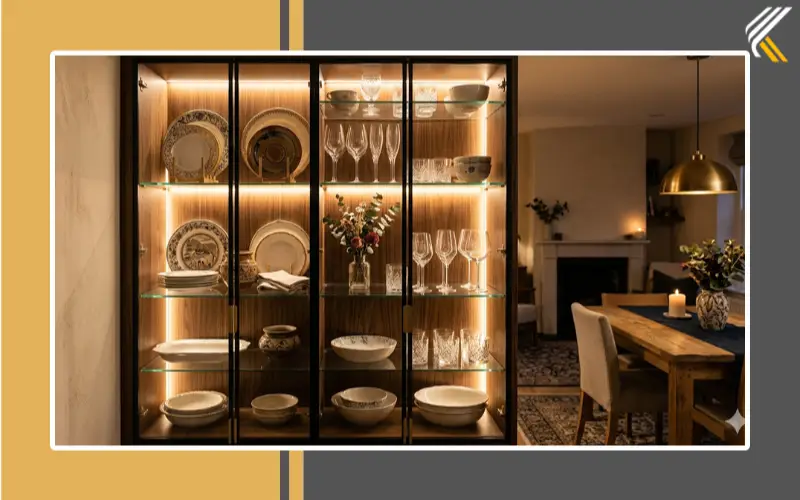 Pinterest-style glass crockery cabinet with hidden lighting