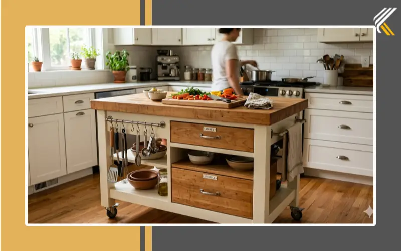 Portable rolling kitchen island cart with storage drawers and butcher block top
