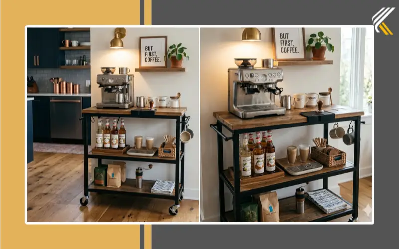 Rolling coffee station cart with mugs, coffee machine, and wood shelves
