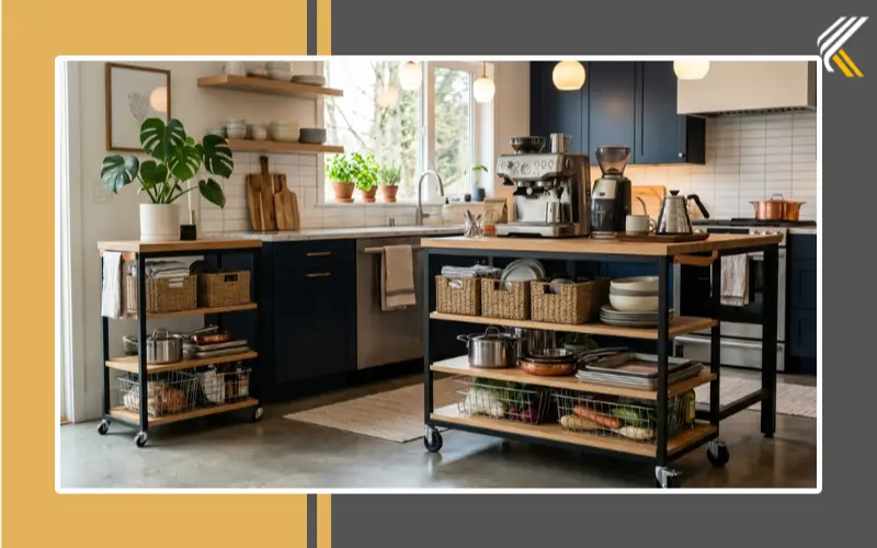 Modern rolling kitchen cart with storage shelves and organized kitchen accessories