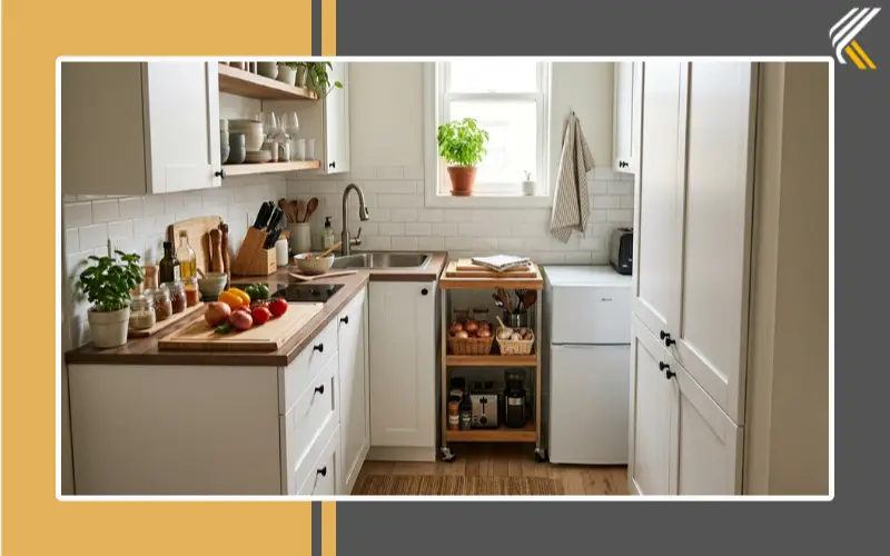 Slim rolling kitchen cart with storage in a small kitchen